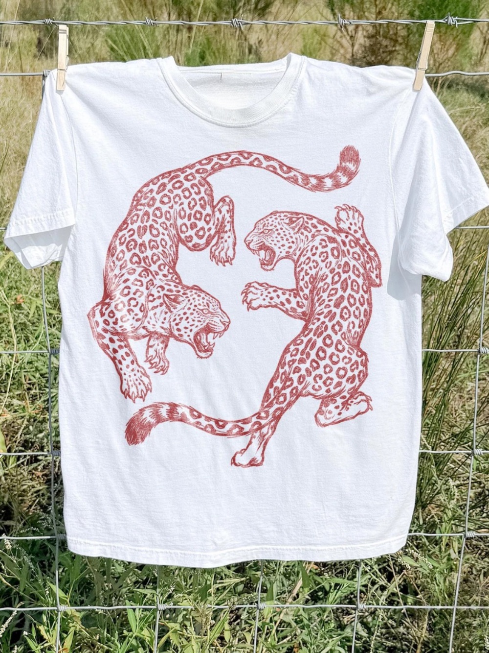 White Short Sleeve Tee with Red Leopard Duo Graphic